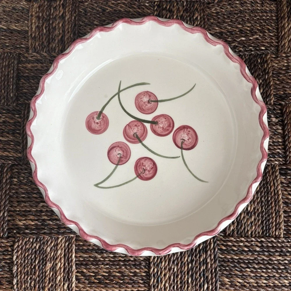Los Angeles Potteries Vintage Ceramic Cherry Pie Plate Baking Dish 1971  9.5in